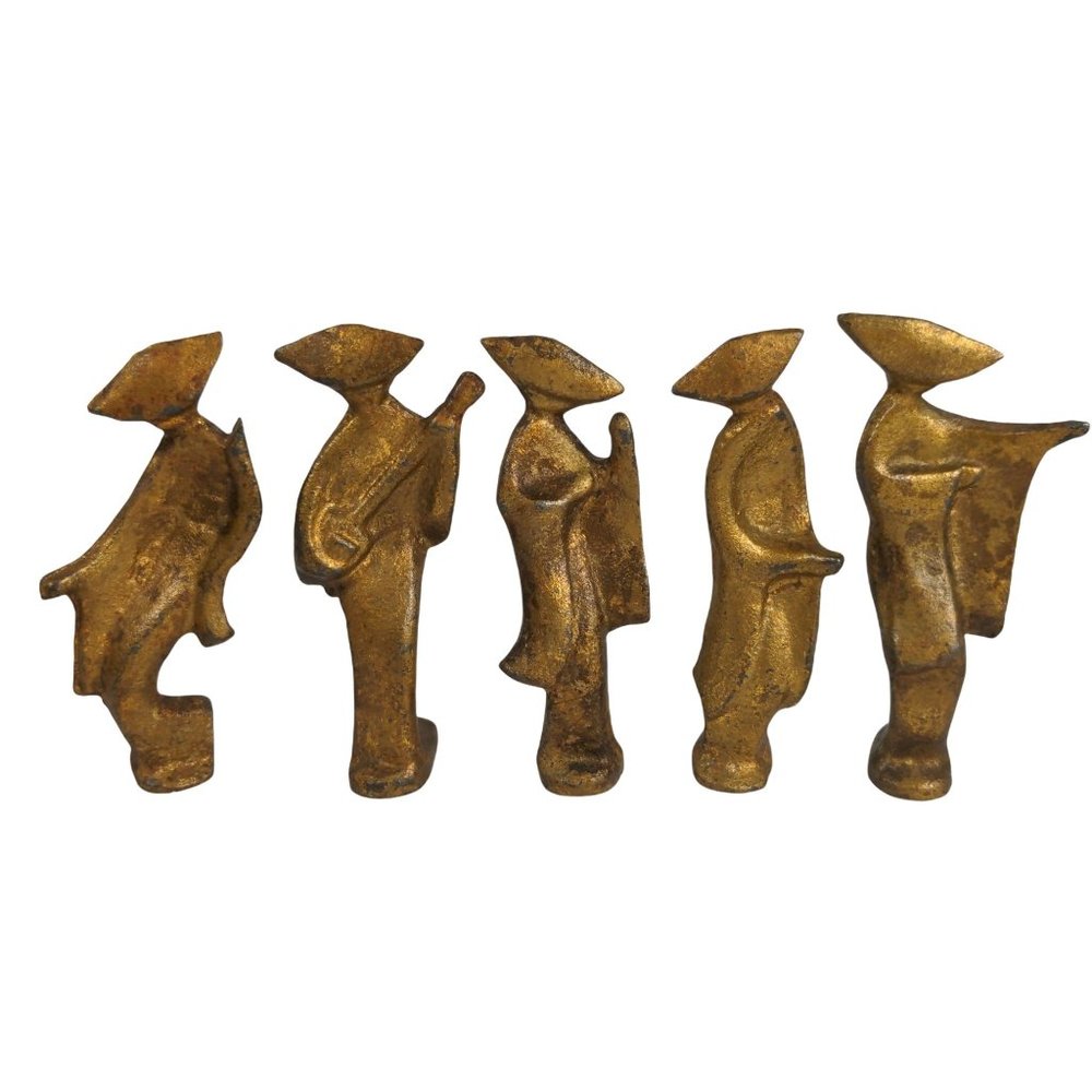Vintage Set of 5 Japanese Dancing Geisha Cast Iron Figurines Gold Tone MCM 4"